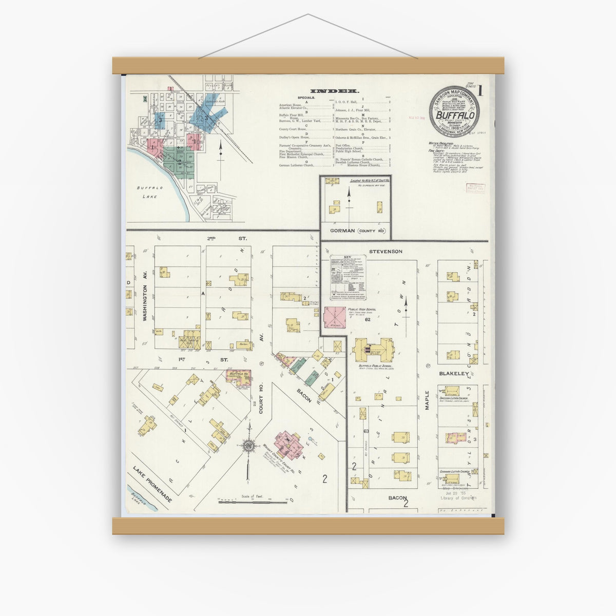 Old map wall art mockup — magnetic wood frame on white wall — Sanborn Fire Insurance Map from Buffalo, Wright County, Minnesota (1909), Sheet #0001