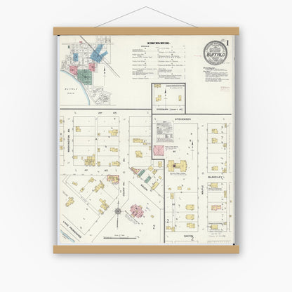 Old map wall art mockup — magnetic wood frame on white wall — Sanborn Fire Insurance Map from Buffalo, Wright County, Minnesota (1909), Sheet #0001