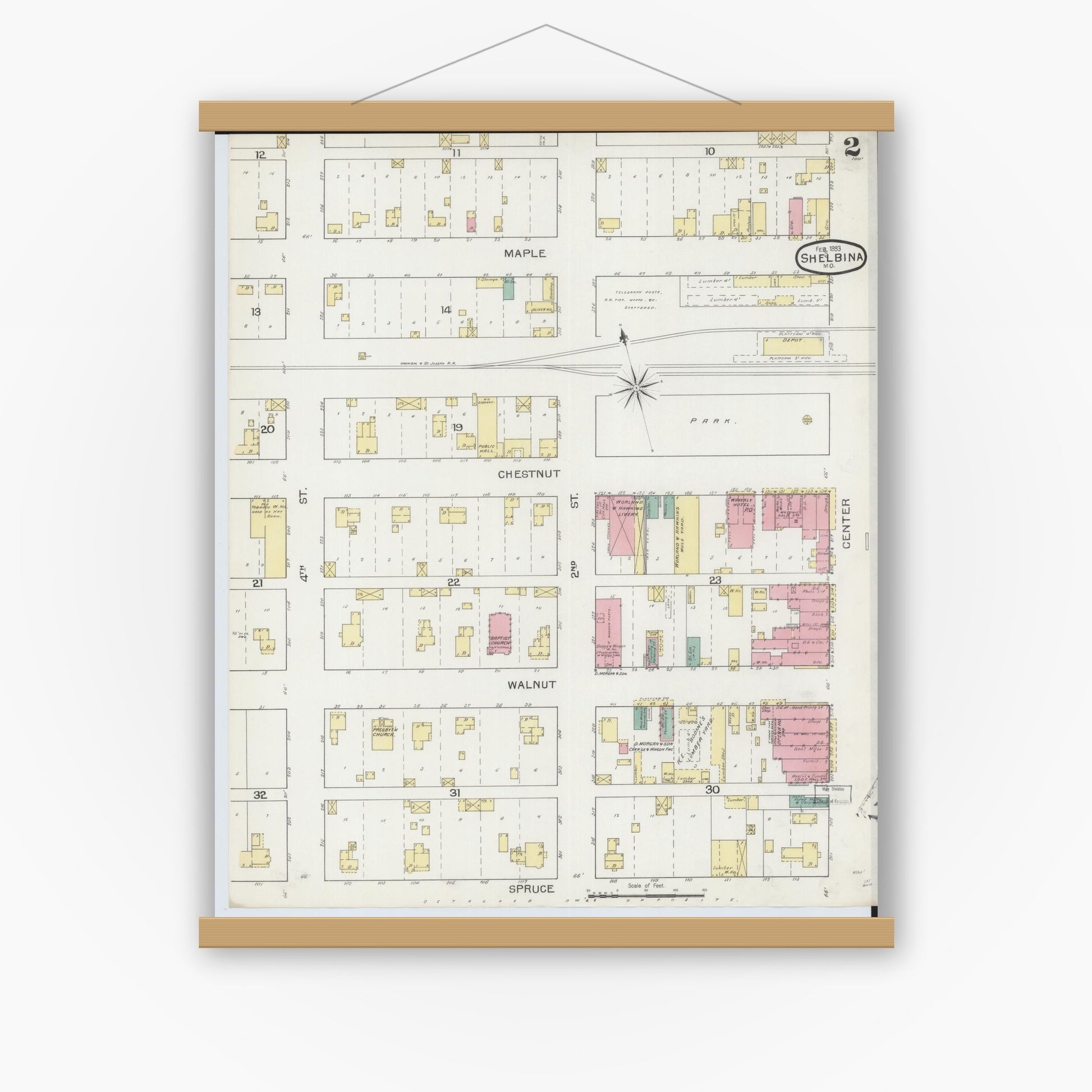 Old map wall art mockup — magnetic wood frame on white wall — Sanborn Fire Insurance Map from Shelbina, Shelby County, Missouri (1893), Sheet #0002