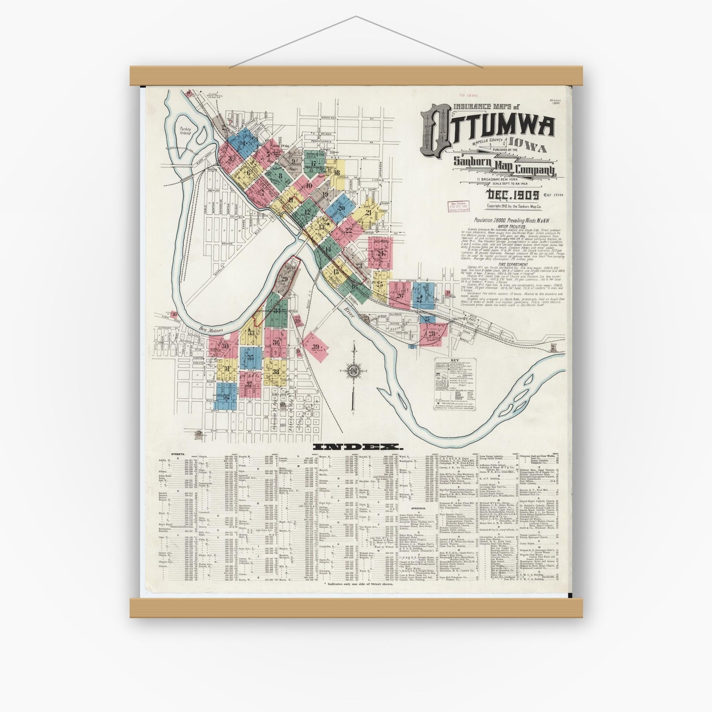 Old map wall art mockup — magnetic wood frame on white wall — Sanborn Fire Insurance Map from Ottumwa, Wapello County, Iowa (1909), Sheet #0001