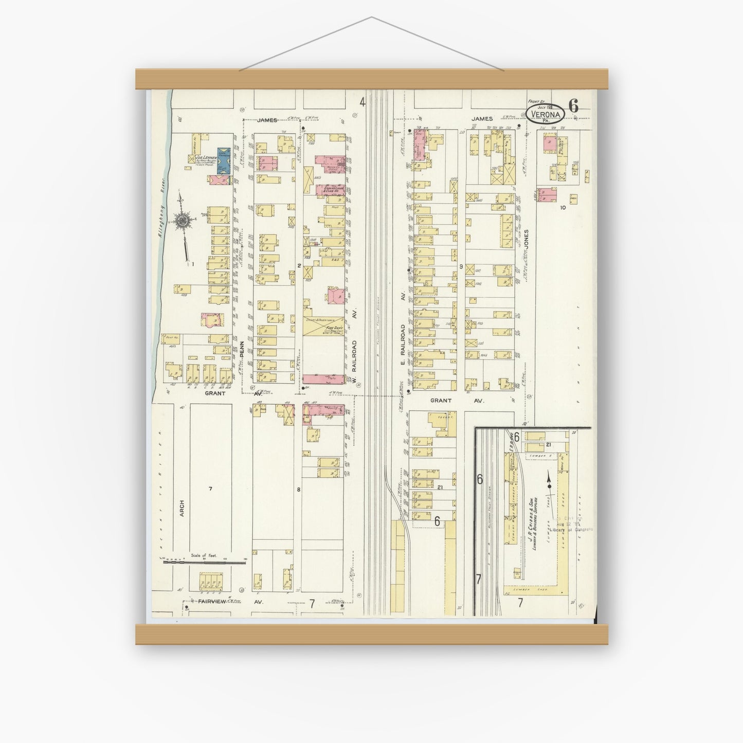 Old map wall art mockup — magnetic wood frame on white wall — Sanborn Fire Insurance Map from Verona, Allegheny County, Pennsylvania (1911), Sheet #0006