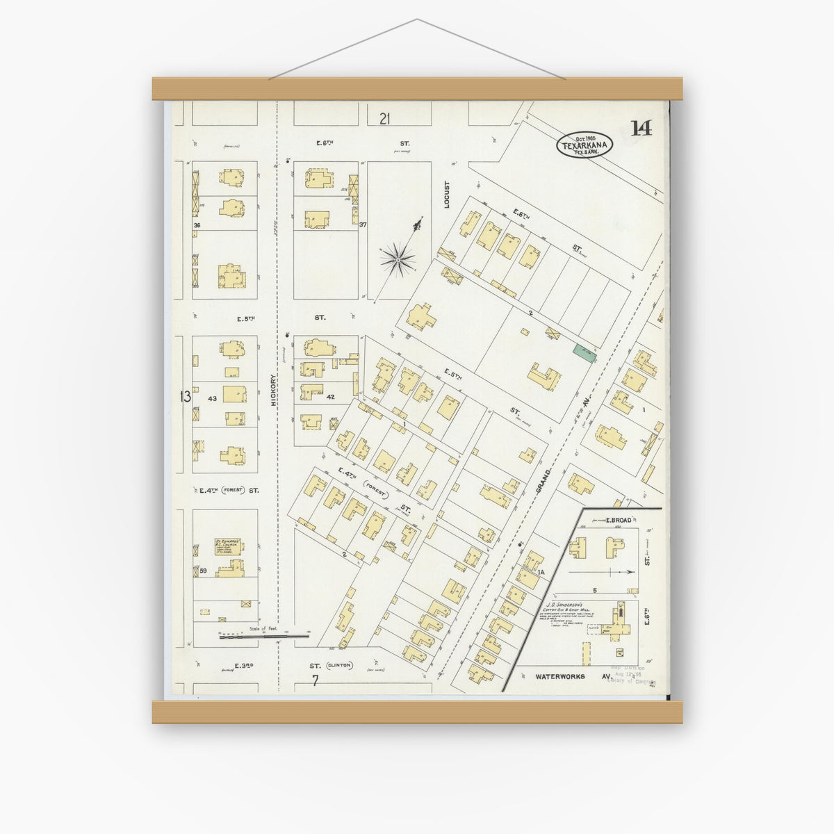 Old map wall art mockup — magnetic wood frame on white wall — Sanborn Fire Insurance Map from Texarkana, Bowie County, Texas (1905), Sheet #0014
