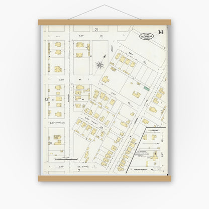 Old map wall art mockup — magnetic wood frame on white wall — Sanborn Fire Insurance Map from Texarkana, Bowie County, Texas (1905), Sheet #0014