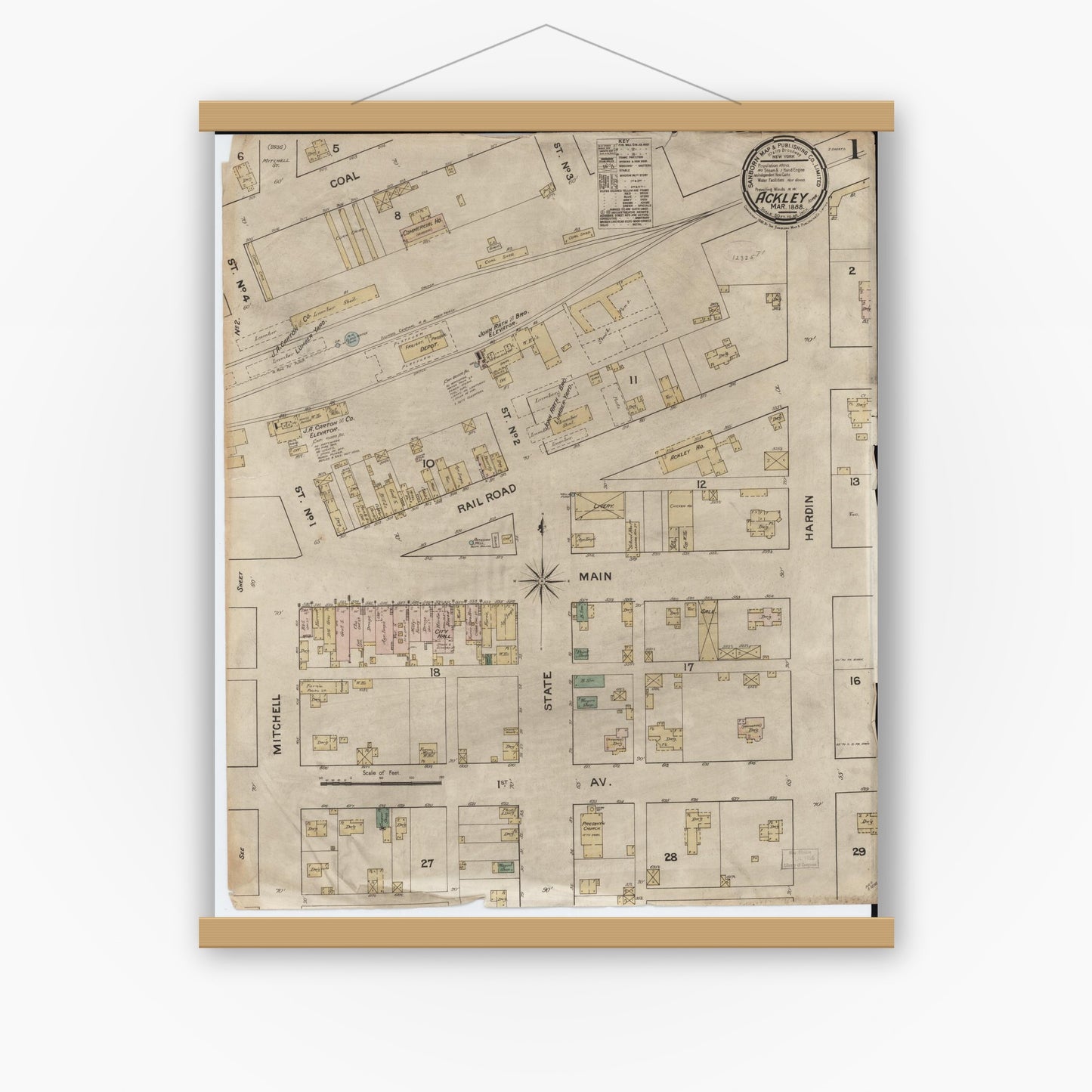 Old map wall art mockup — magnetic wood frame on white wall — Sanborn Fire Insurance Map from Ackley, Hardin and Franklin Counties, Iowa (1888) â€” Complete Set