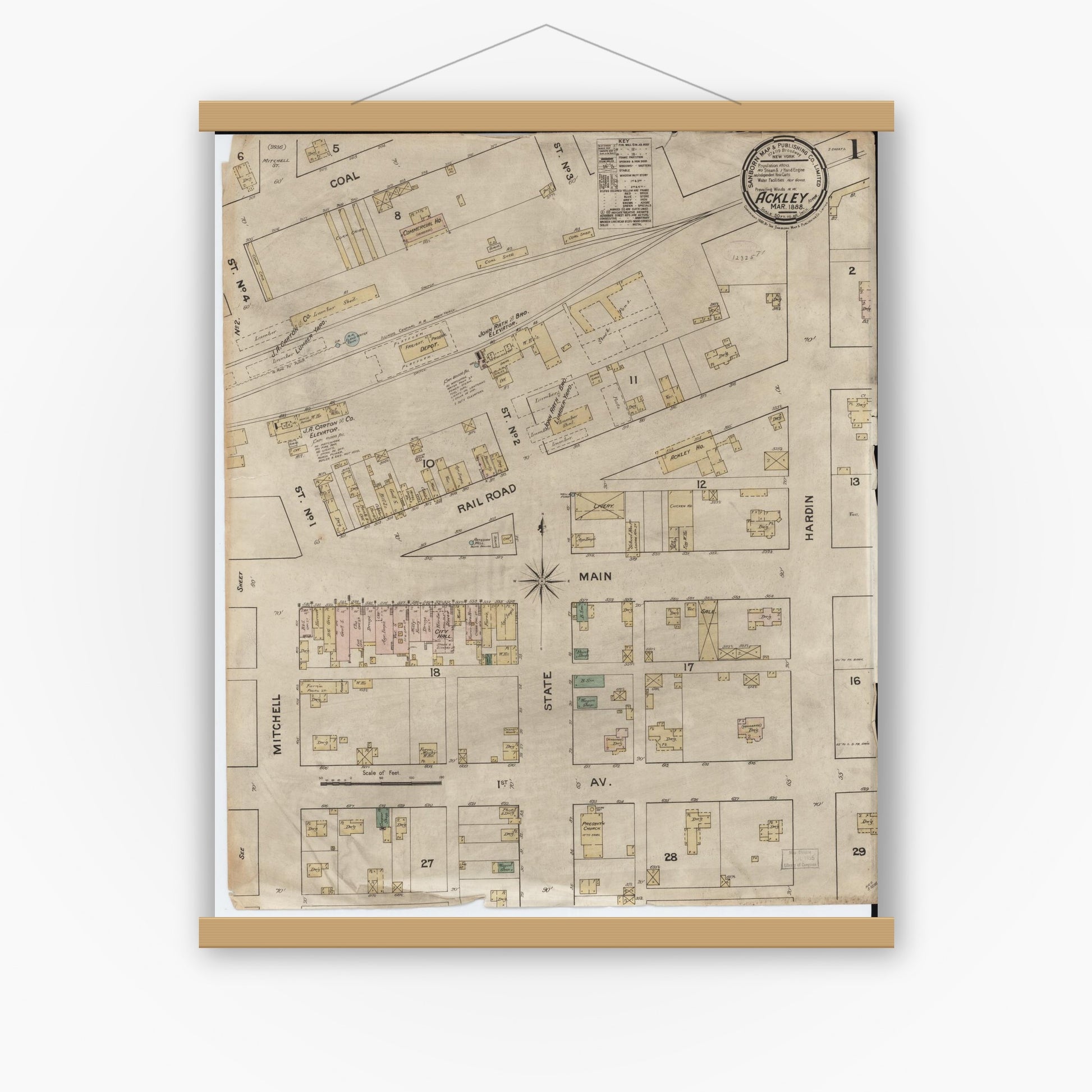 Old map wall art mockup — magnetic wood frame on white wall — Sanborn Fire Insurance Map from Ackley, Hardin and Franklin Counties, Iowa (1888) â€” Complete Set