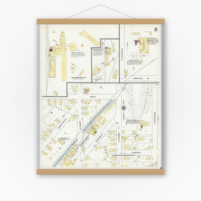 Old map wall art mockup — magnetic wood frame on white wall — Sanborn Fire Insurance Map from Franklin, Johnson County, Indiana (1910), Sheet #0008