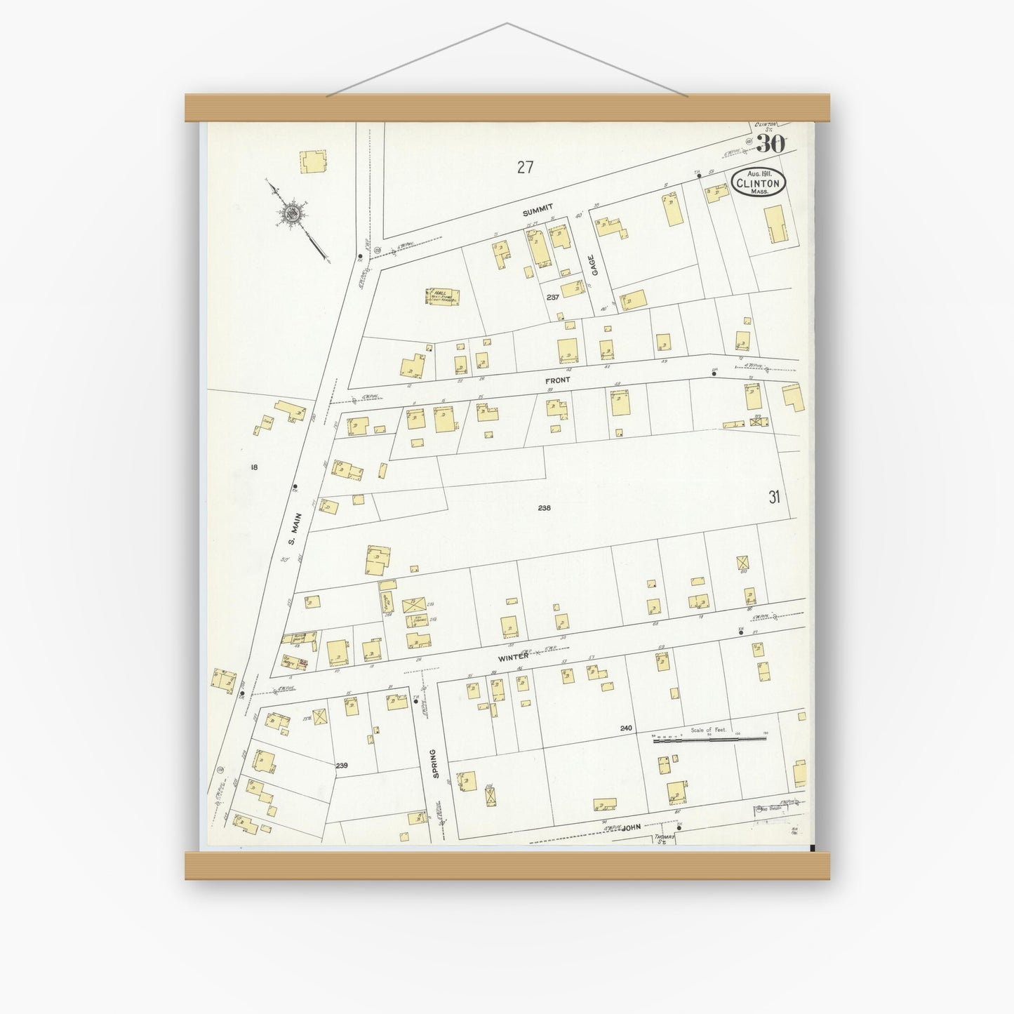 Old map wall art mockup — magnetic wood frame on white wall — Sanborn Fire Insurance Map from Clinton, Worcester County, Massachusetts (1911), Sheet #0030