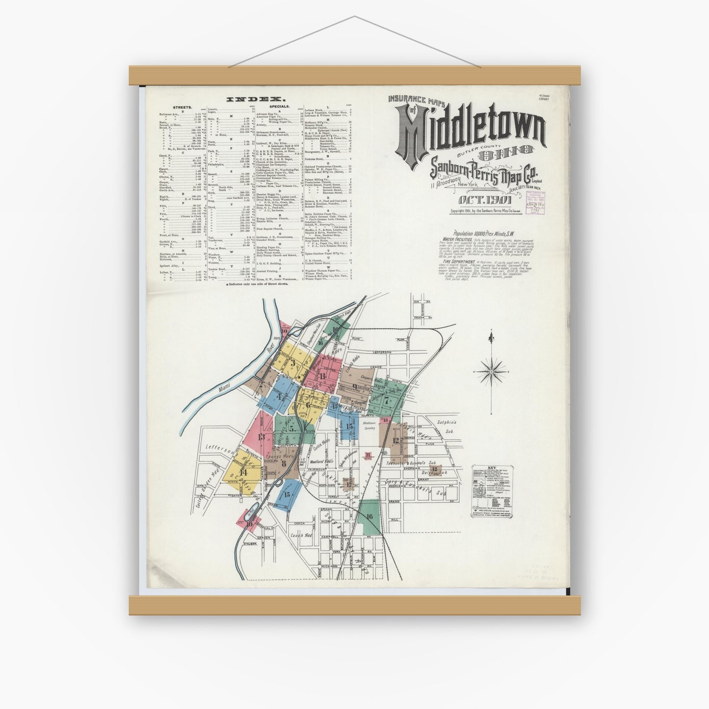 Old map wall art mockup — magnetic wood frame on white wall — Sanborn Fire Insurance Map from Middletown, Butler County, Ohio (1901) - Complete Map Set