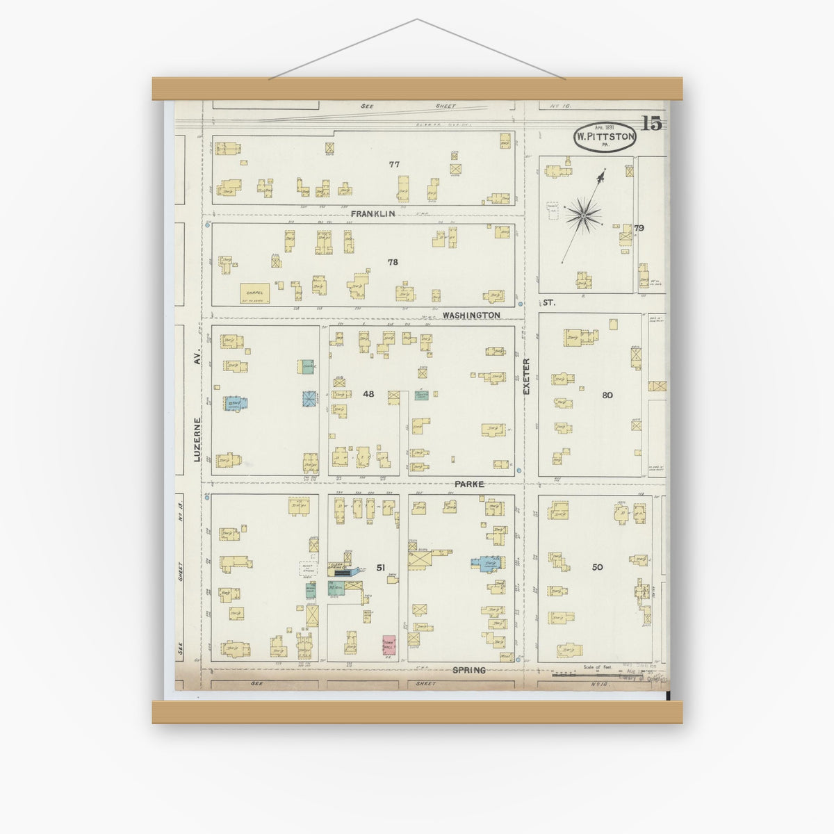 Old map wall art mockup — magnetic wood frame on white wall — Sanborn Fire Insurance Map from Pittston, Luzerne County, Pennsylvania (1891), Sheet #0015