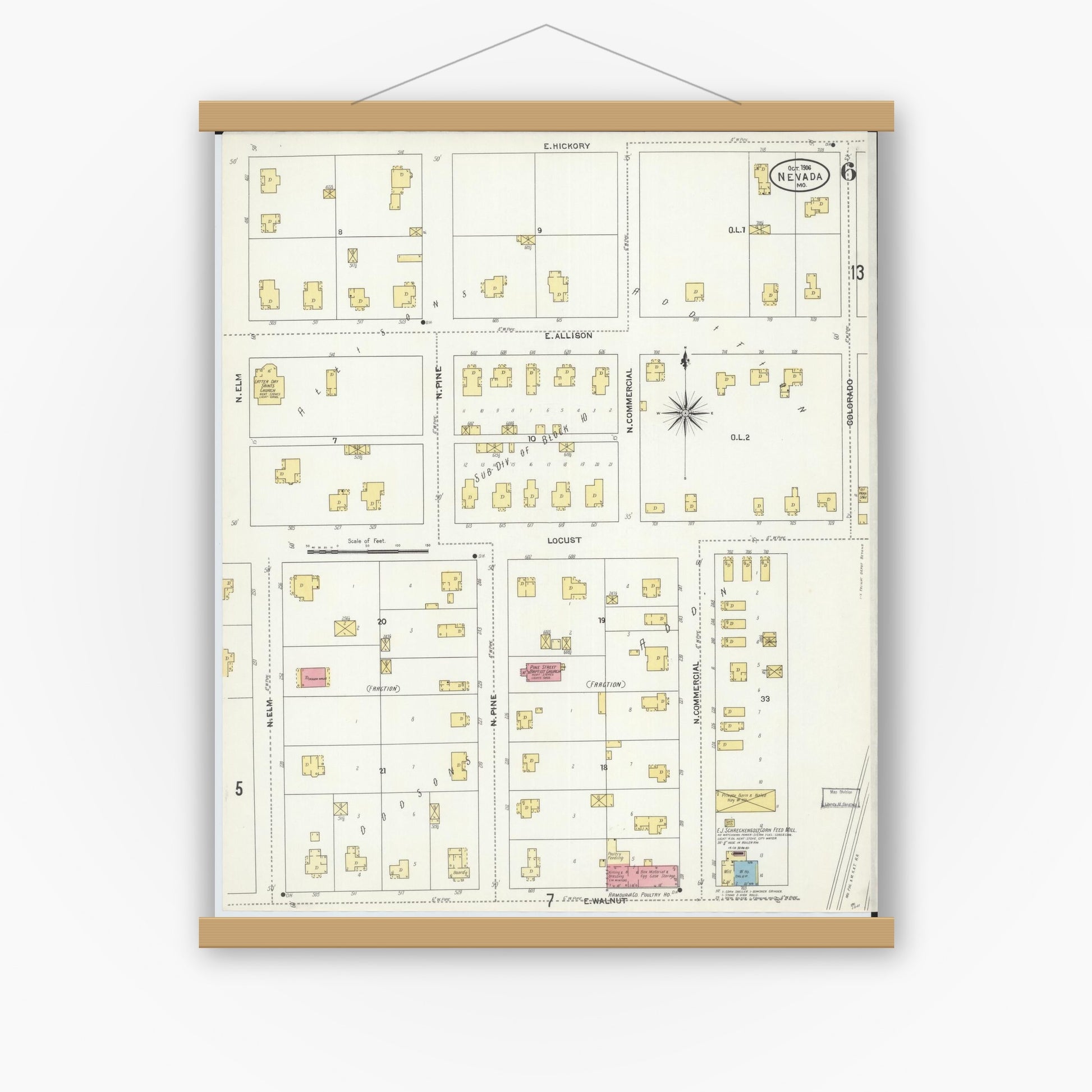 Old map wall art mockup — magnetic wood frame on white wall — Sanborn Fire Insurance Map from Nevada, Vernon County, Missouri (1906), Sheet #0006