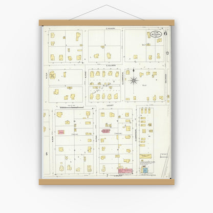 Old map wall art mockup — magnetic wood frame on white wall — Sanborn Fire Insurance Map from Nevada, Vernon County, Missouri (1906), Sheet #0006