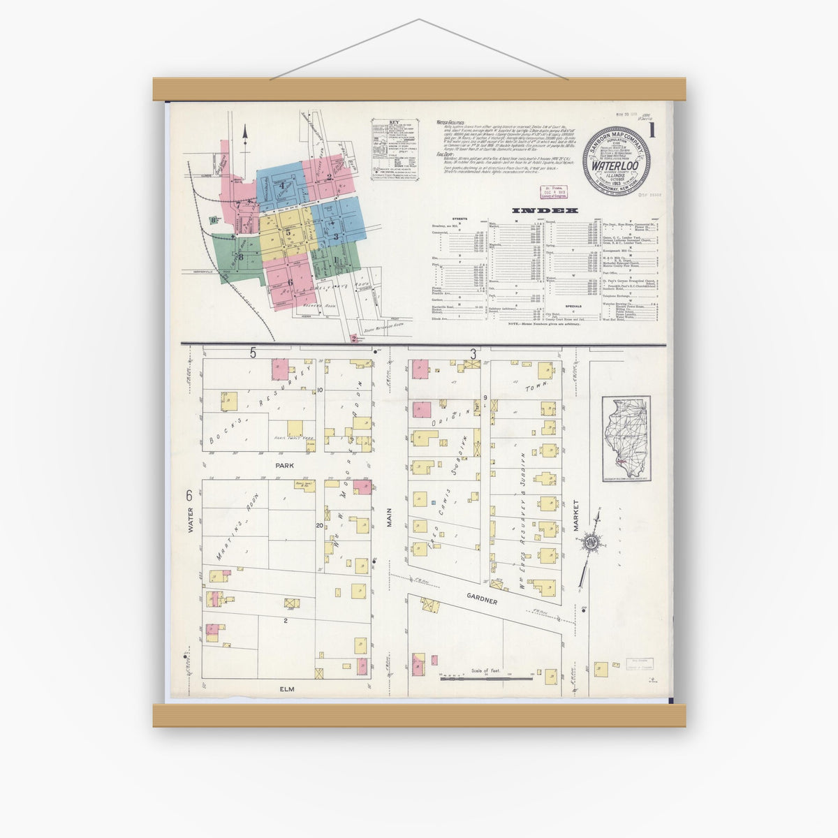 Old map wall art mockup — magnetic wood frame on white wall — Sanborn Fire Insurance Map from Waterloo, Monroe County, Illinois (1913) - Complete Map Set