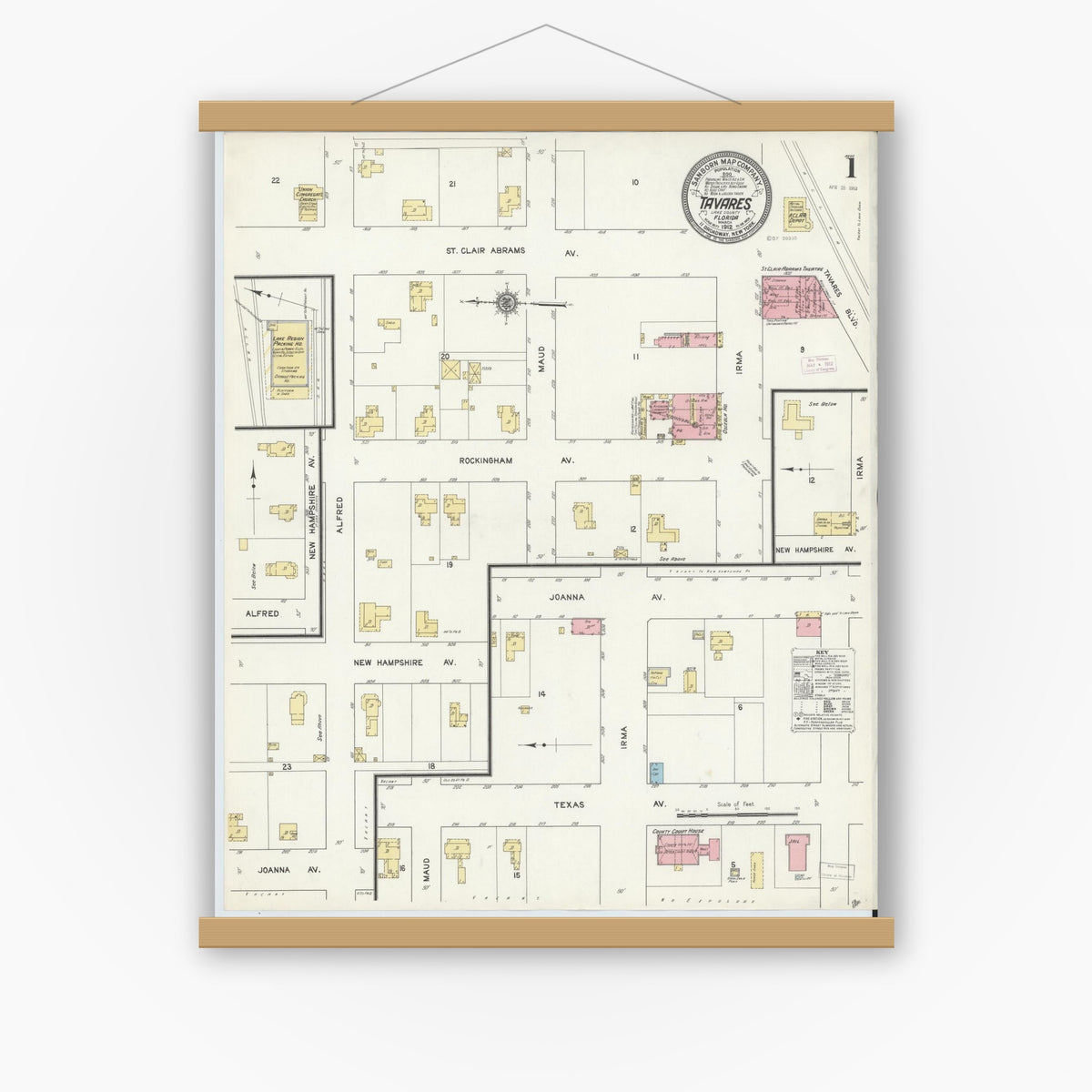 Old map wall art mockup — magnetic wood frame on white wall — Sanborn Fire Insurance Map from Tavares, Lake County, Florida (1912), Sheet #0001