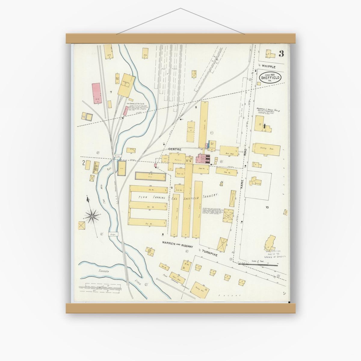 Old map wall art mockup — magnetic wood frame on white wall — Sanborn Fire Insurance Map from Sheffield, Warren County, Pennsylvania (1905), Sheet #0003