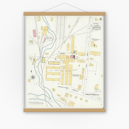 Old map wall art mockup — magnetic wood frame on white wall — Sanborn Fire Insurance Map from Sheffield, Warren County, Pennsylvania (1905), Sheet #0003