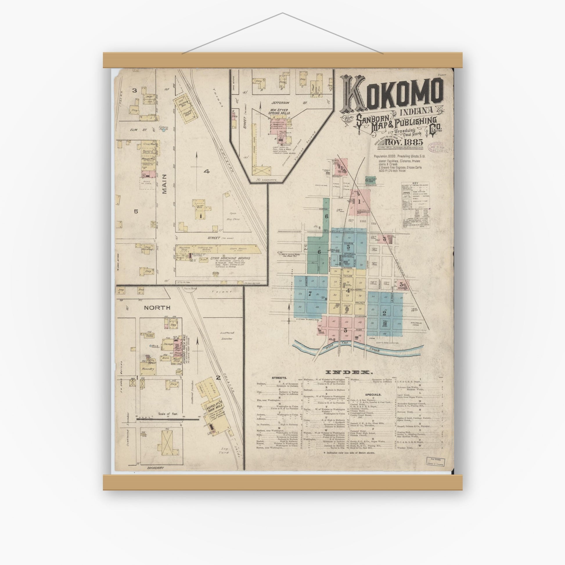 Old map wall art mockup — magnetic wood frame on white wall — Sanborn Fire Insurance Map from Kokomo, Howard County, Indiana (1885) - Complete Map Set