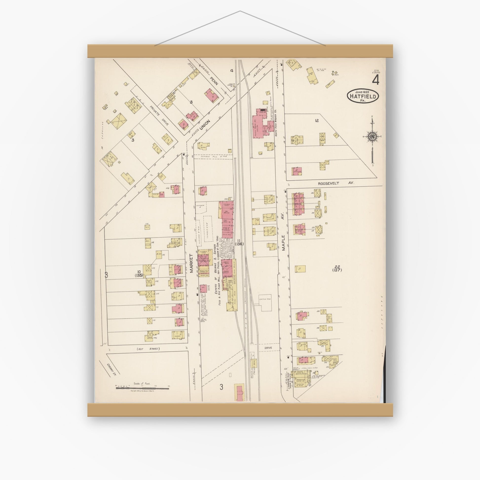 Old map wall art mockup — magnetic wood frame on white wall — Sanborn Fire Insurance Map from Hatfield, Montgomery County, Pennsylvania (1922), Sheet #0004