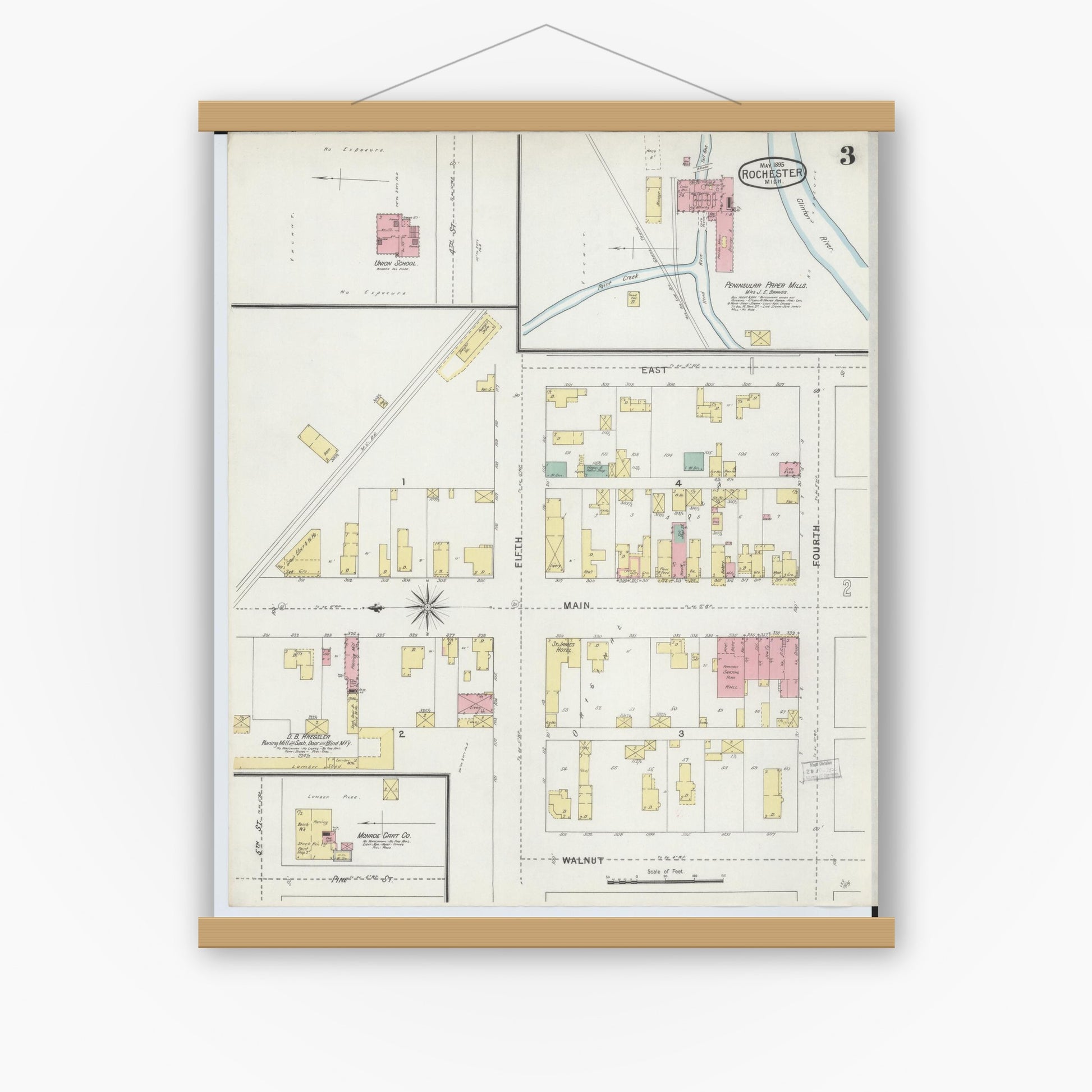 Old map wall art mockup — magnetic wood frame on white wall — Sanborn Fire Insurance Map from Rochester, Oakland County, Michigan (1895), Sheet #0003