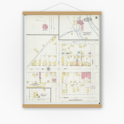 Old map wall art mockup — magnetic wood frame on white wall — Sanborn Fire Insurance Map from Rochester, Oakland County, Michigan (1895), Sheet #0003
