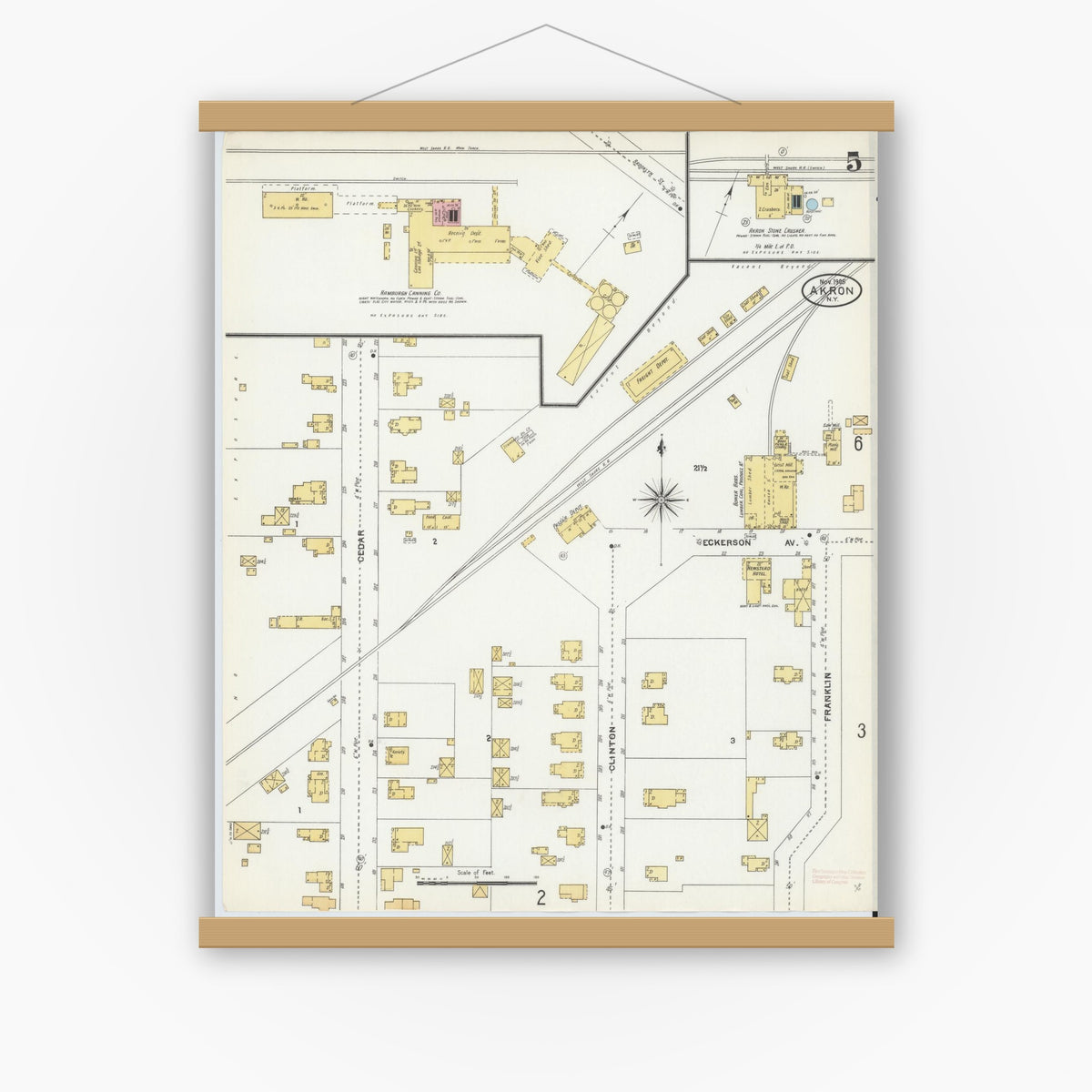 Old map wall art mockup — magnetic wood frame on white wall — Sanborn Fire Insurance Map from Akron, Erie County, New York (1905), Sheet #0005