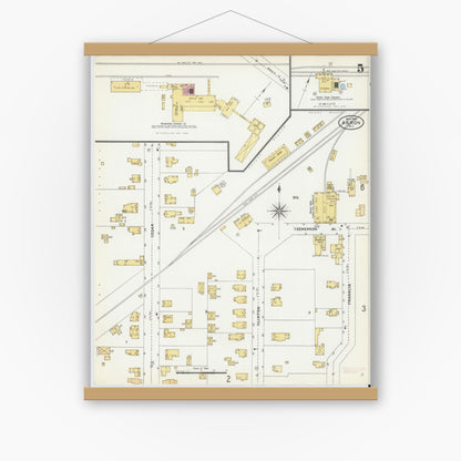 Old map wall art mockup — magnetic wood frame on white wall — Sanborn Fire Insurance Map from Akron, Erie County, New York (1905), Sheet #0005