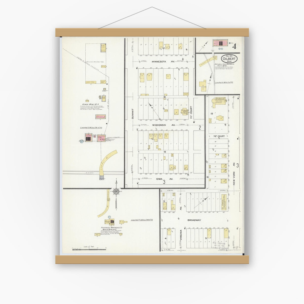 Old map wall art mockup — magnetic wood frame on white wall — Sanborn Fire Insurance Map from Gilbert, Saint Louis County, Minnesota (1912), Sheet #0004