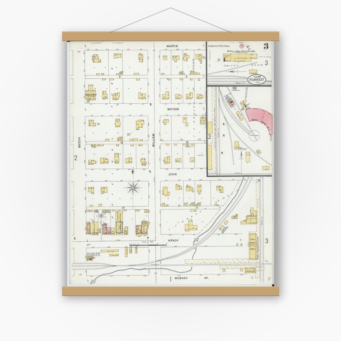 Old map wall art mockup — magnetic wood frame on white wall — Sanborn Fire Insurance Map from Forrest, Livingston County, Illinois (1899), Sheet #0003
