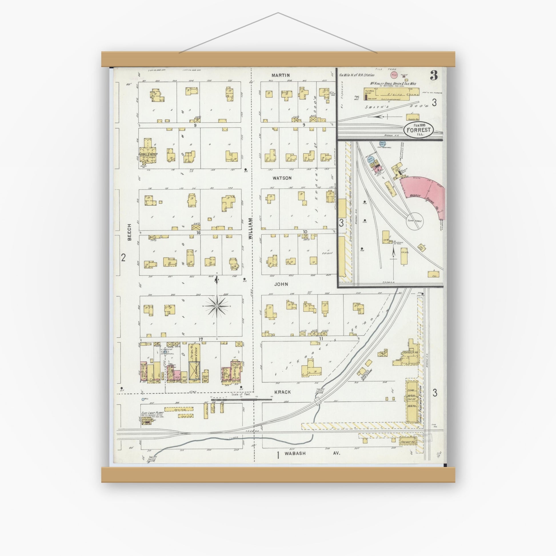 Old map wall art mockup — magnetic wood frame on white wall — Sanborn Fire Insurance Map from Forrest, Livingston County, Illinois (1899), Sheet #0003