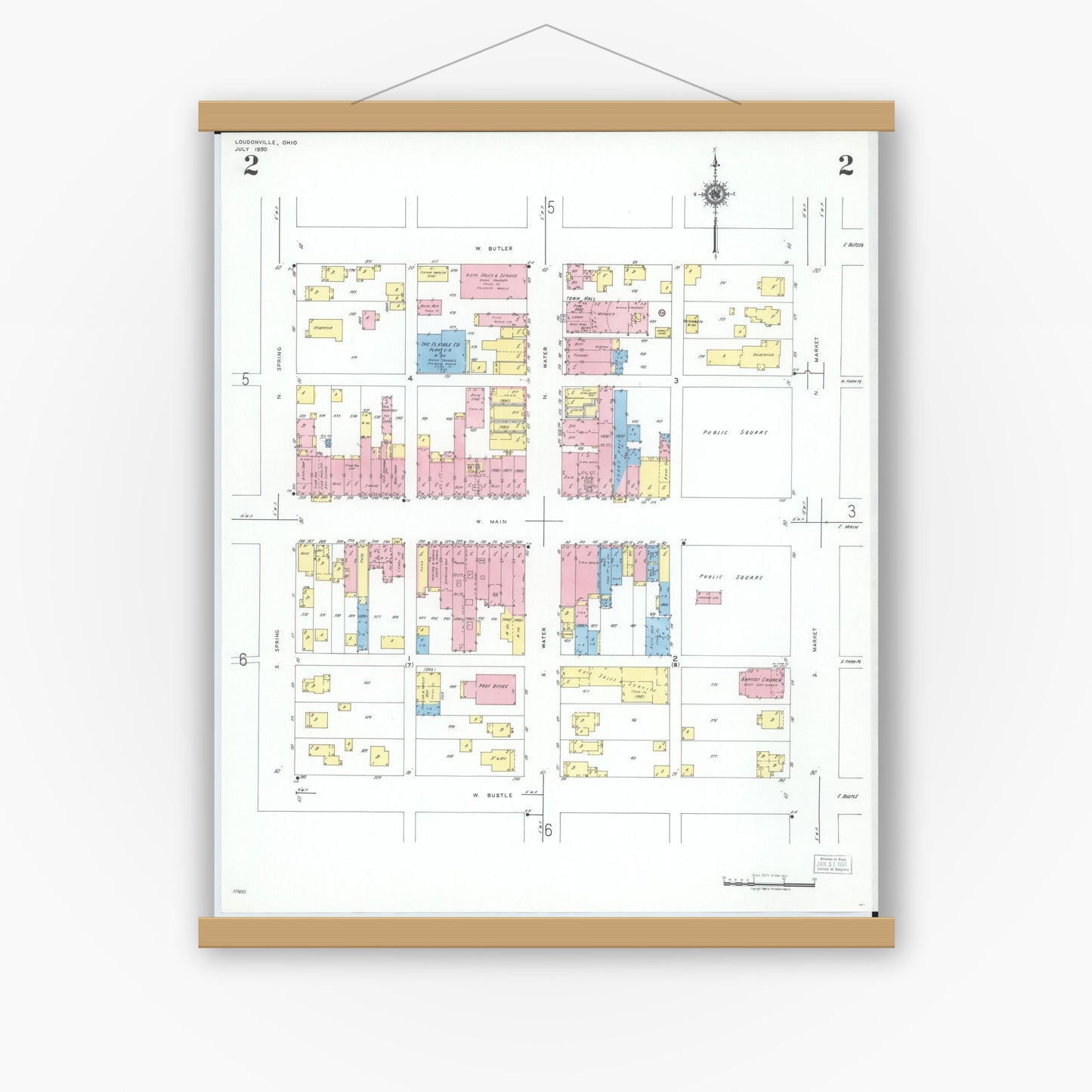 Old map wall art mockup — magnetic wood frame on white wall — Sanborn Fire Insurance Map from Loudonville, Ashland County, Ohio (1950), Sheet #0002