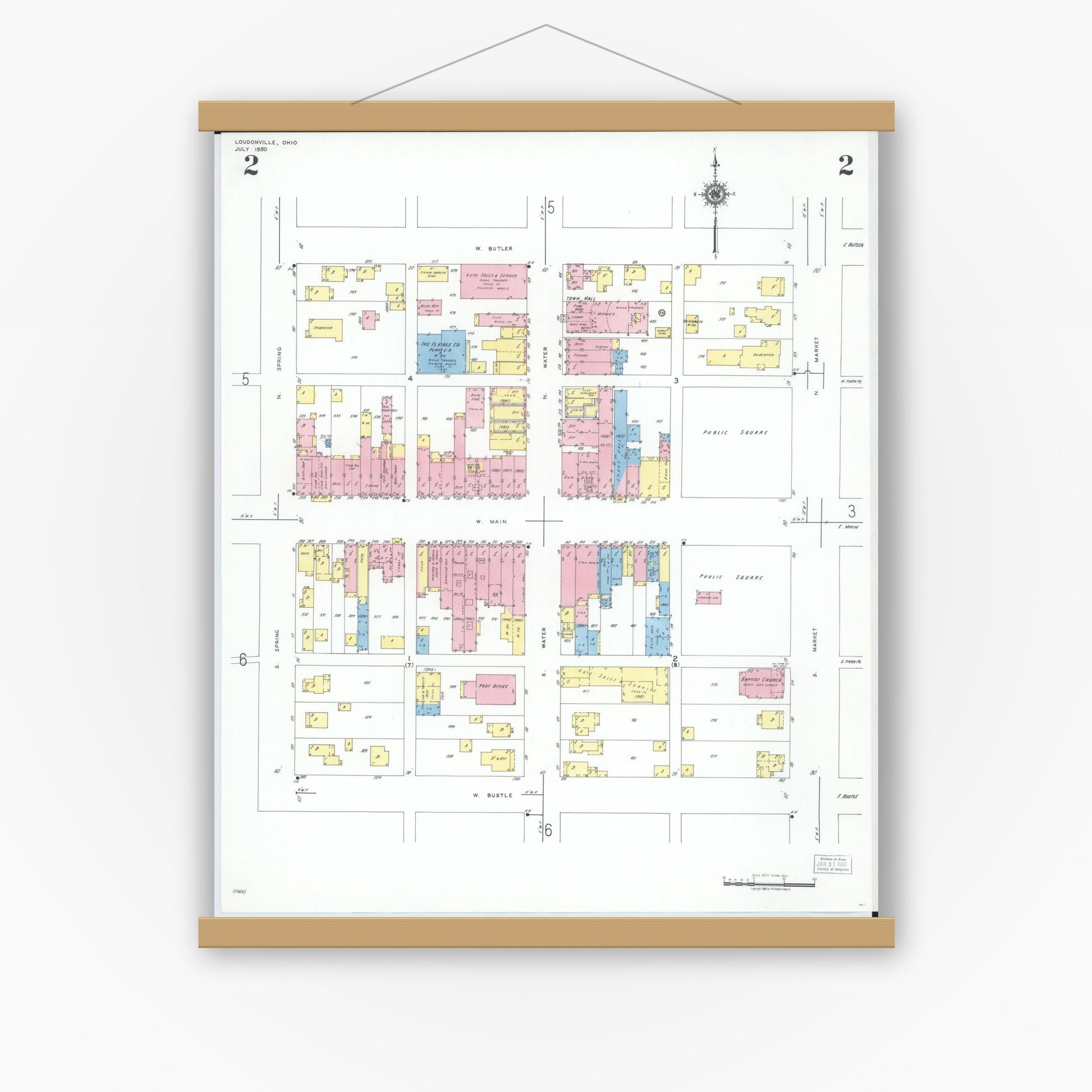 Old map wall art mockup — magnetic wood frame on white wall — Sanborn Fire Insurance Map from Loudonville, Ashland County, Ohio (1950), Sheet #0002