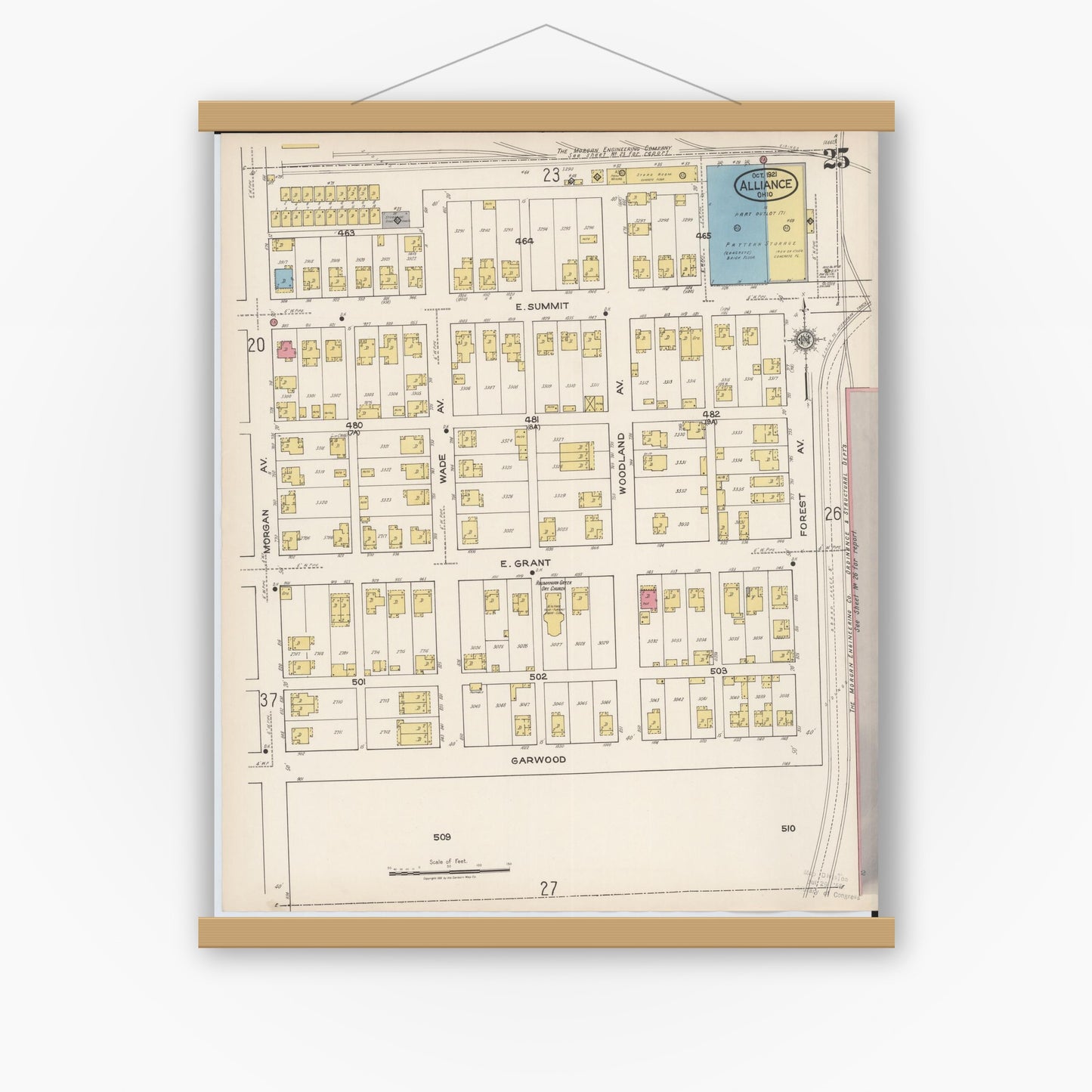 Old map wall art mockup — magnetic wood frame on white wall — Sanborn Fire Insurance Map from Alliance, Stark County, Ohio (1921), Sheet #0025