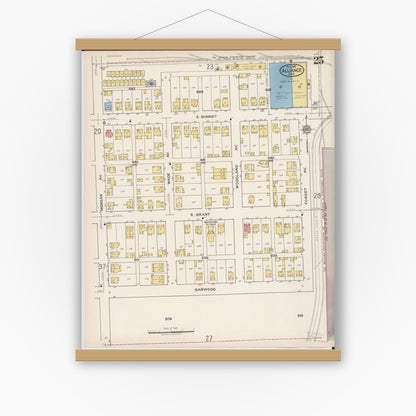 Old map wall art mockup — magnetic wood frame on white wall — Sanborn Fire Insurance Map from Alliance, Stark County, Ohio (1921), Sheet #0025
