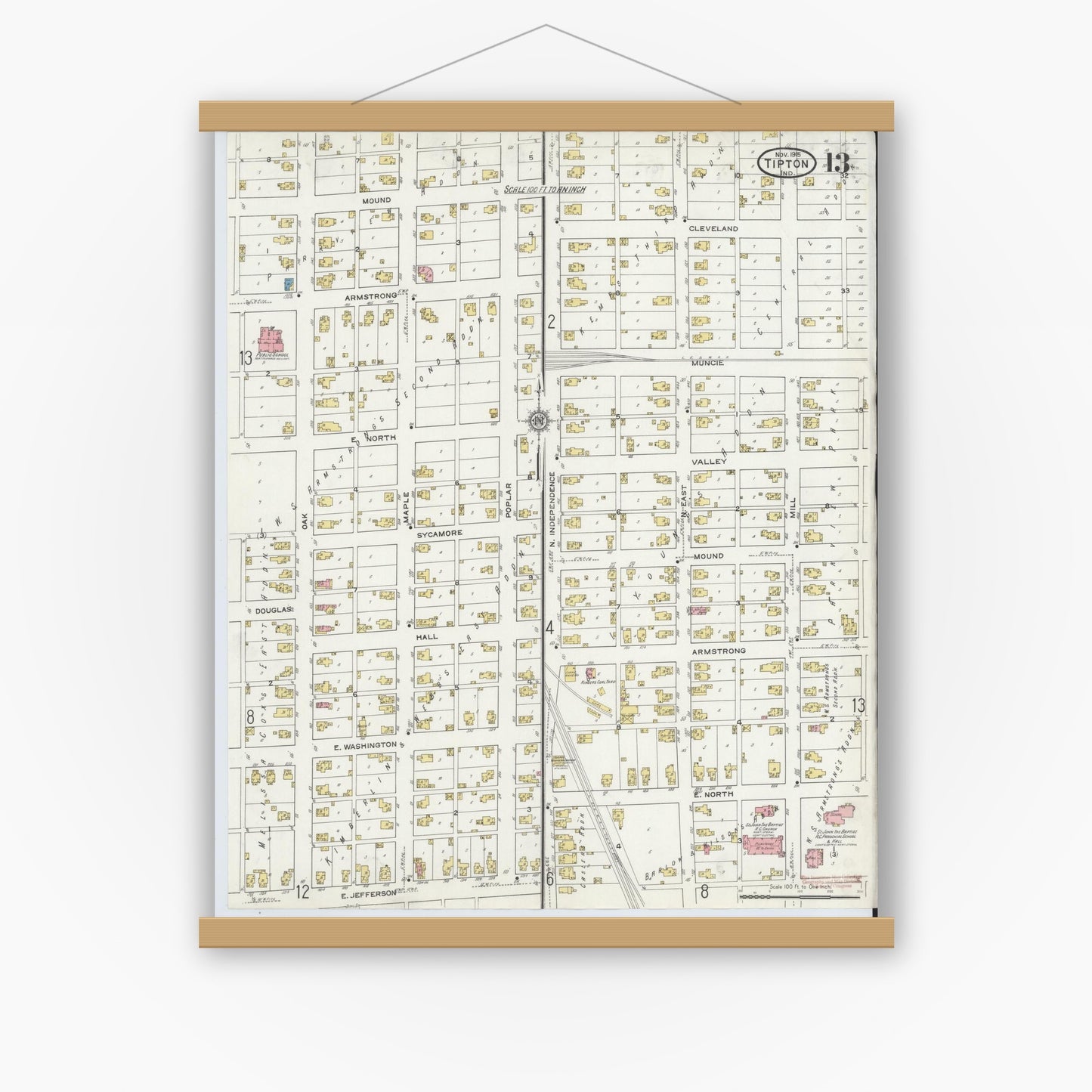 Old map wall art mockup — magnetic wood frame on white wall — Sanborn Fire Insurance Map from Tipton, Tipton County, Indiana (1915), Sheet #0013