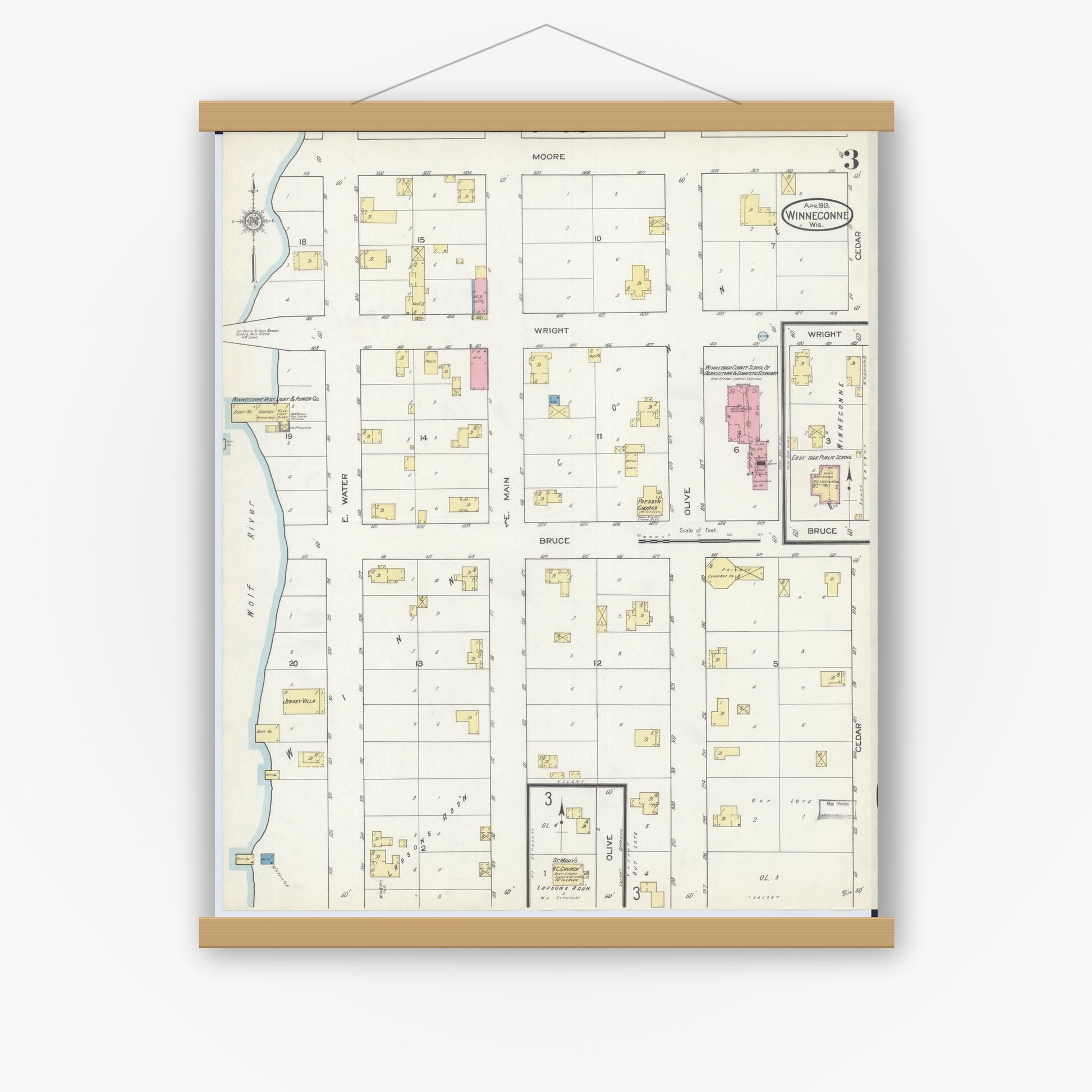 Old map wall art mockup — magnetic wood frame on white wall — Sanborn Fire Insurance Map from Winneconne, Winnebago County, Wisconsin (1913), Sheet #0003