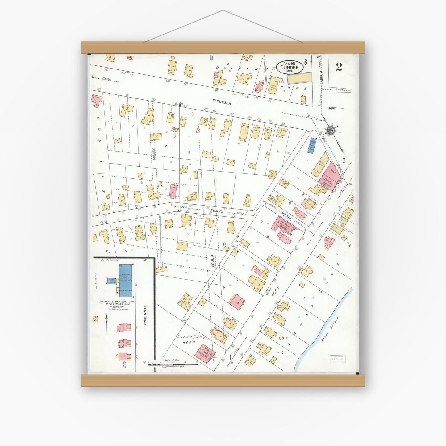 Old map wall art mockup — magnetic wood frame on white wall — Sanborn Fire Insurance Map from Dundee, Monroe County, Michigan (1923), Sheet #0002