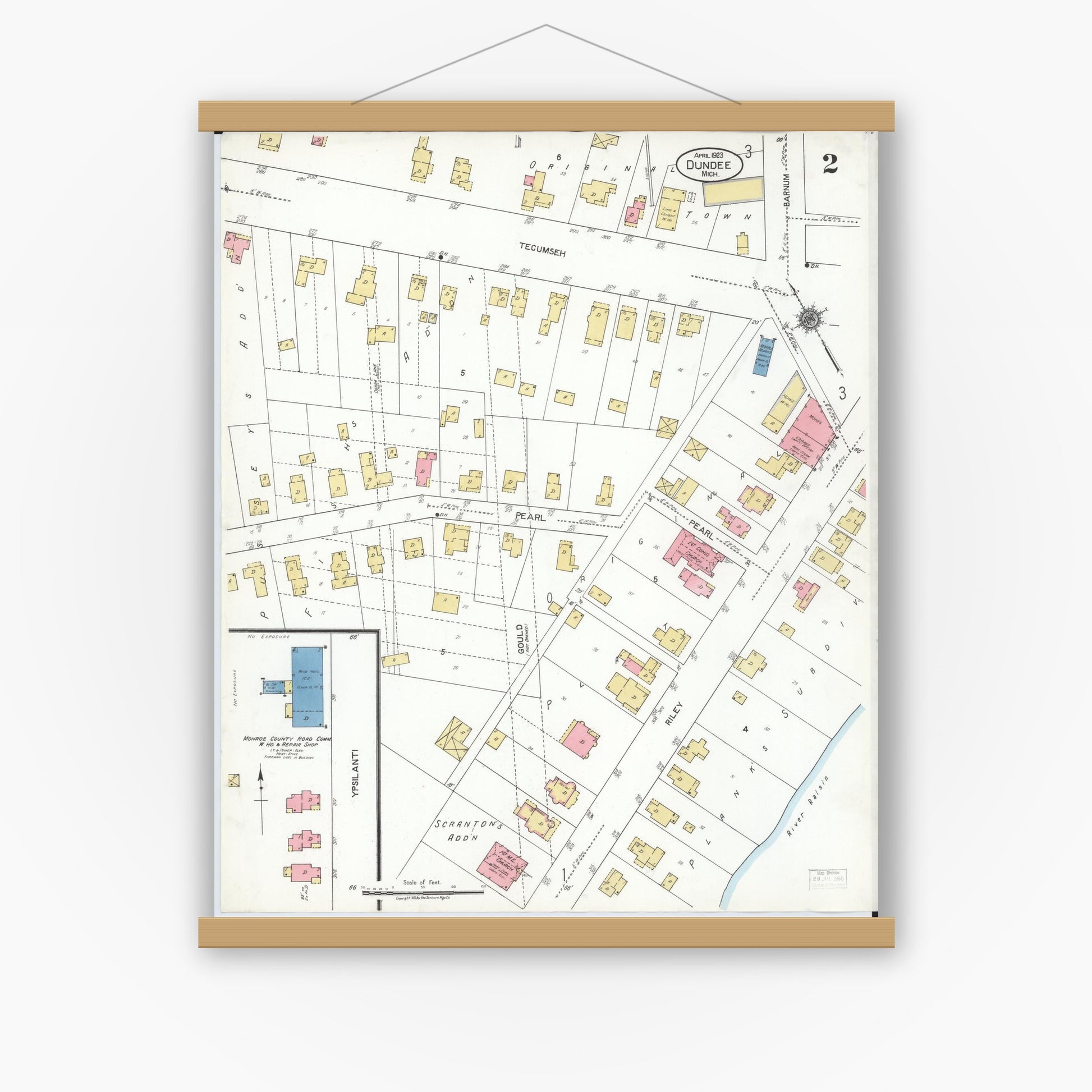 Old map wall art mockup — magnetic wood frame on white wall — Sanborn Fire Insurance Map from Dundee, Monroe County, Michigan (1923), Sheet #0002