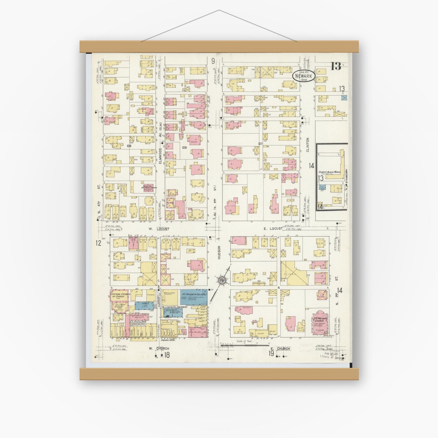 Old map wall art mockup — magnetic wood frame on white wall — Sanborn Fire Insurance Map from Newark, Licking County, Ohio (1912), Sheet #0013