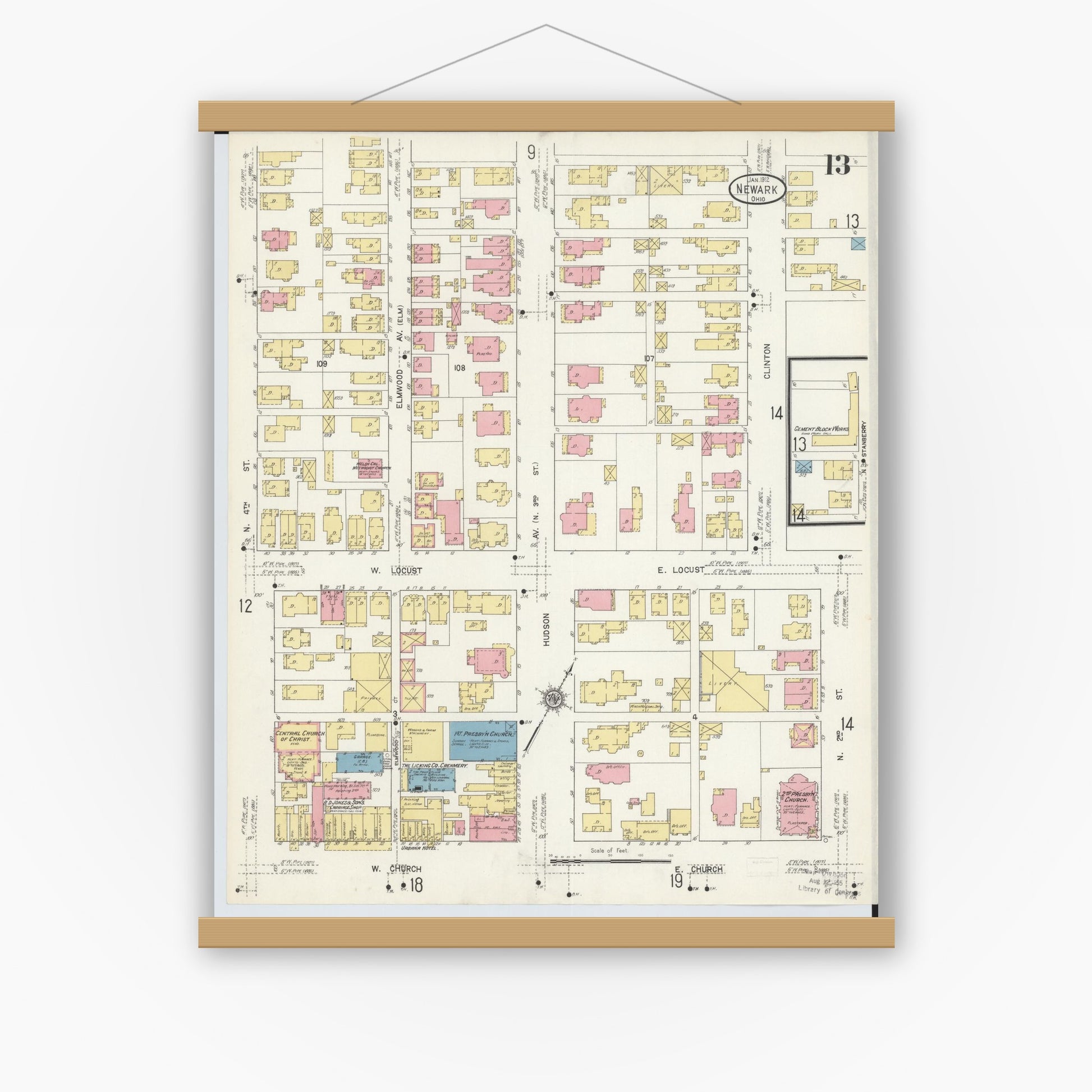 Old map wall art mockup — magnetic wood frame on white wall — Sanborn Fire Insurance Map from Newark, Licking County, Ohio (1912), Sheet #0013