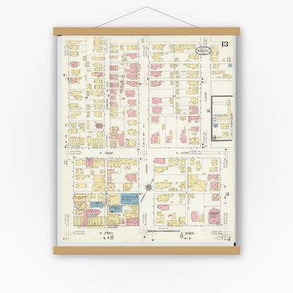 Old map wall art mockup — magnetic wood frame on white wall — Sanborn Fire Insurance Map from Newark, Licking County, Ohio (1912), Sheet #0013