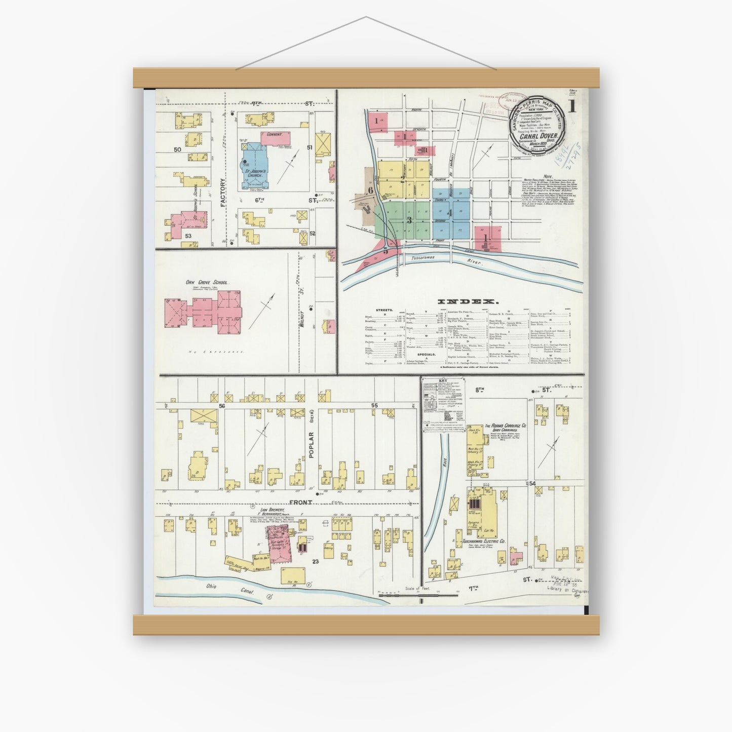 Old map wall art mockup — magnetic wood frame on white wall — Sanborn Fire Insurance Map from Canal Dover, Tuscarawas County, Ohio (1899), Sheet #0001