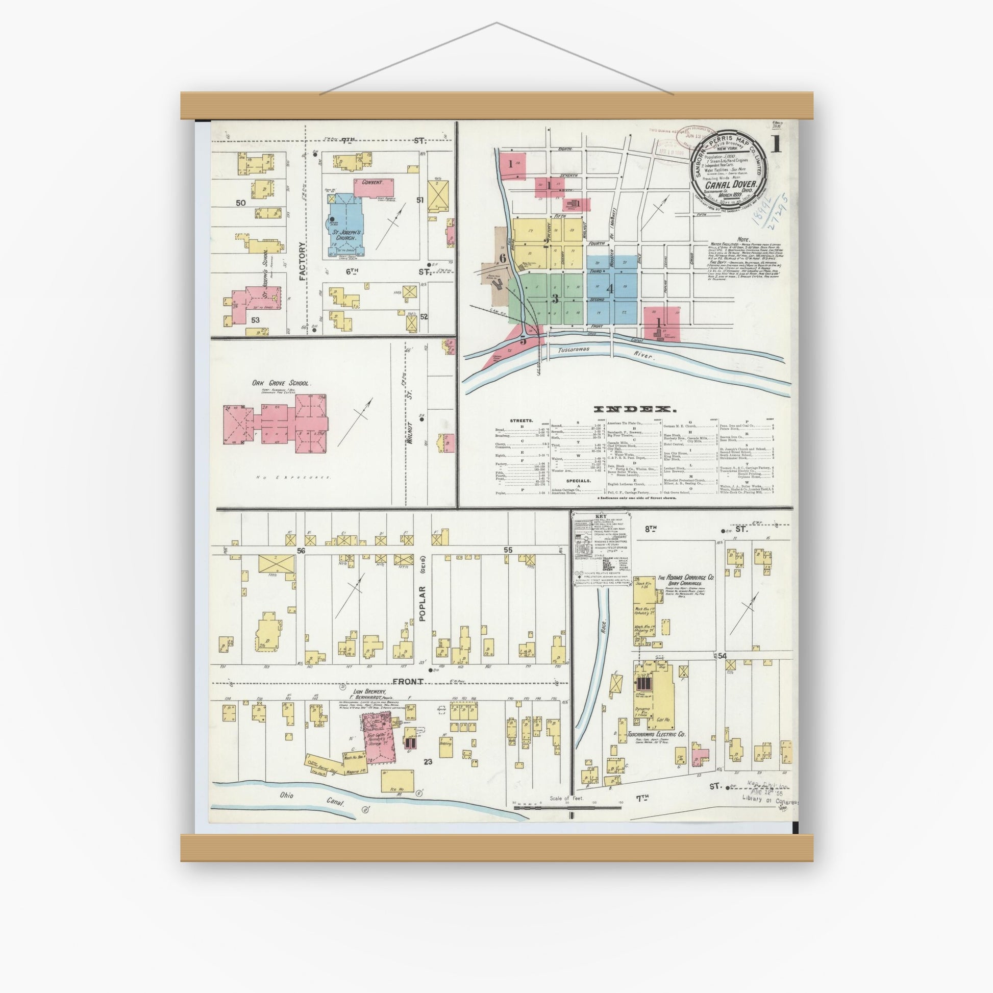 Old map wall art mockup — magnetic wood frame on white wall — Sanborn Fire Insurance Map from Canal Dover, Tuscarawas County, Ohio (1899), Sheet #0001