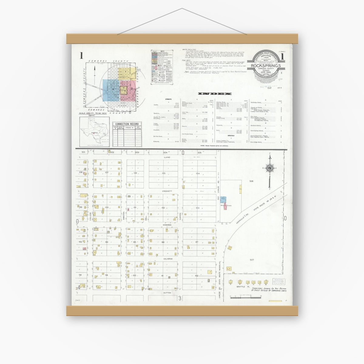 Old map wall art mockup — magnetic wood frame on white wall — Sanborn Fire Insurance Map from Rocksprings, Edwards County, Texas (1948), Sheet #0001