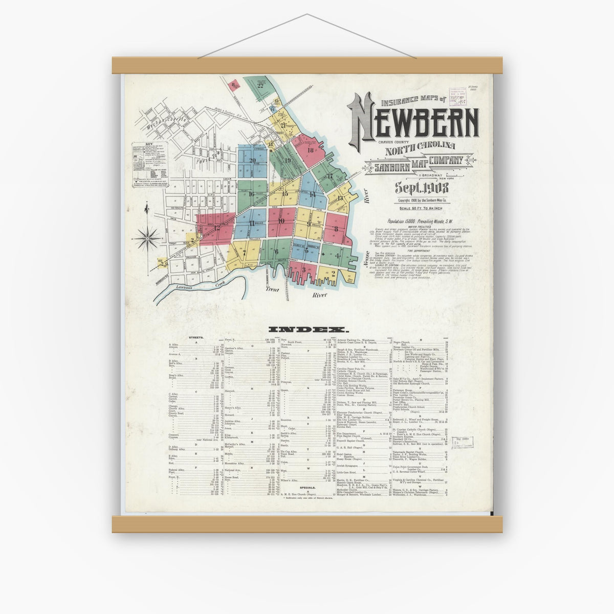 Old map wall art mockup — magnetic wood frame on white wall — Sanborn Fire Insurance Map from New Bern, Craven County, North Carolina (1908) - Complete Map Set