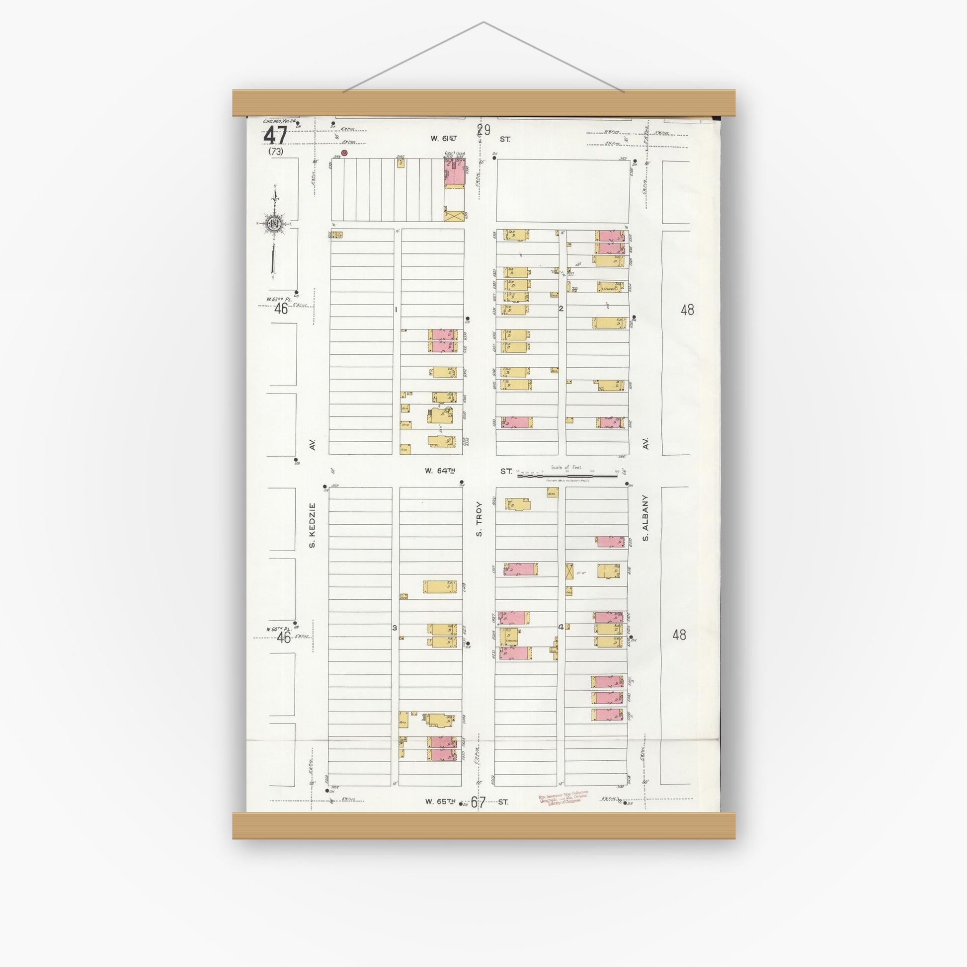 Old map wall art mockup — magnetic wood frame on white wall — Sanborn Fire Insurance Map from Chicago, Cook County, Illinois (1920), Sheet #0047