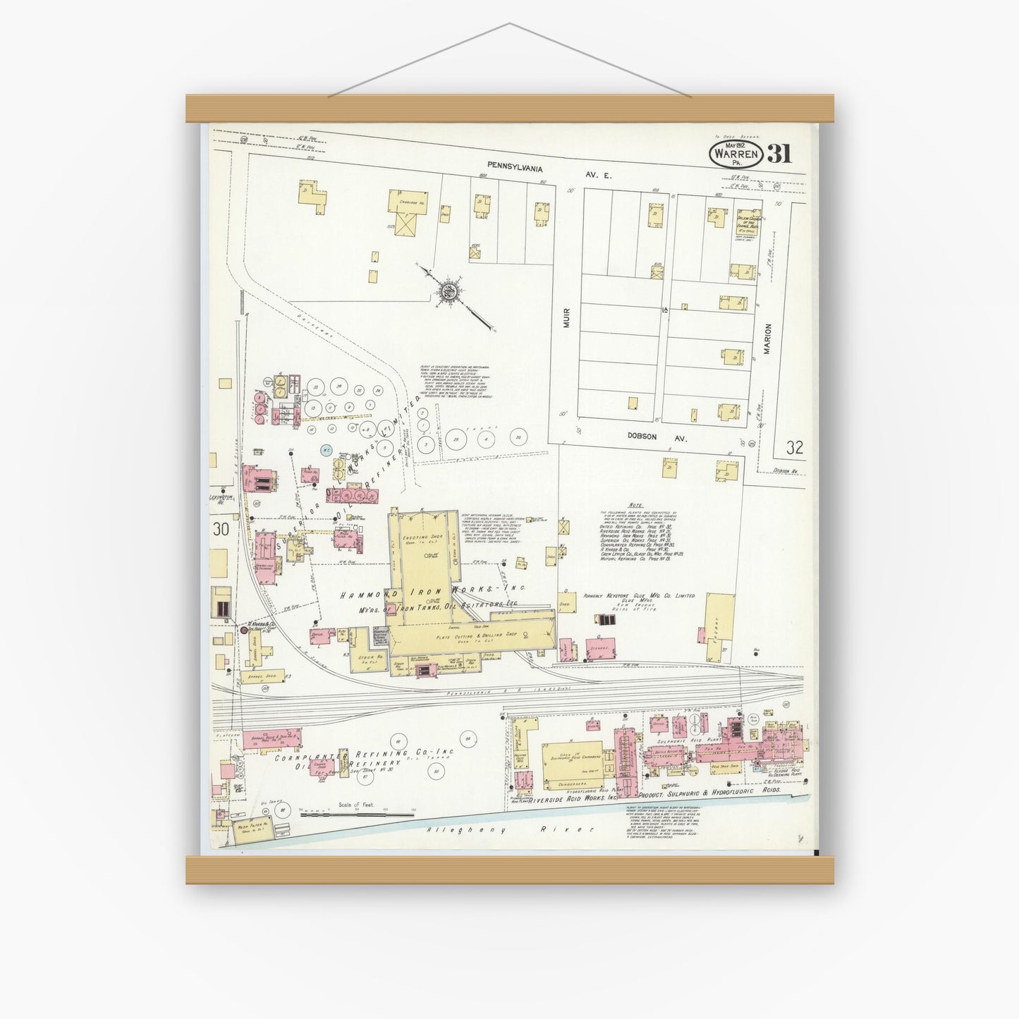 Old map wall art mockup — magnetic wood frame on white wall — Sanborn Fire Insurance Map from Warren, Warren County, Pennsylvania (1912), Sheet #0031