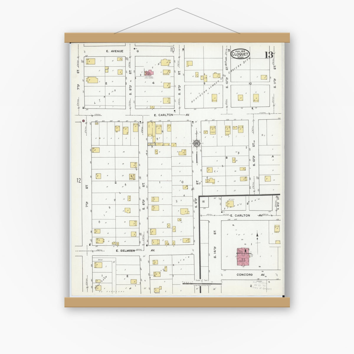 Old map wall art mockup — magnetic wood frame on white wall — Sanborn Fire Insurance Map from Cloquet, Carlton County, Minnesota (1919), Sheet #0013