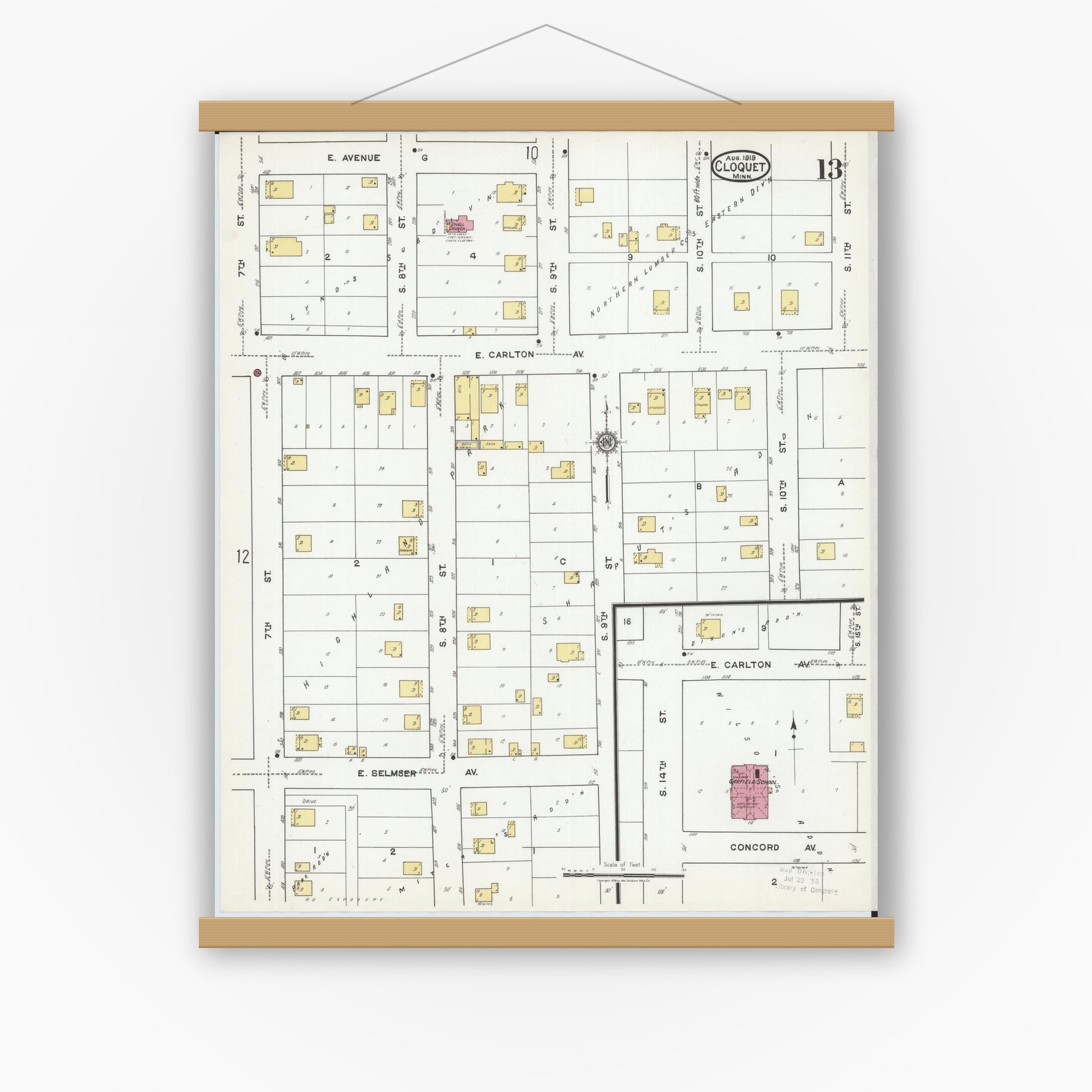 Old map wall art mockup — magnetic wood frame on white wall — Sanborn Fire Insurance Map from Cloquet, Carlton County, Minnesota (1919), Sheet #0013