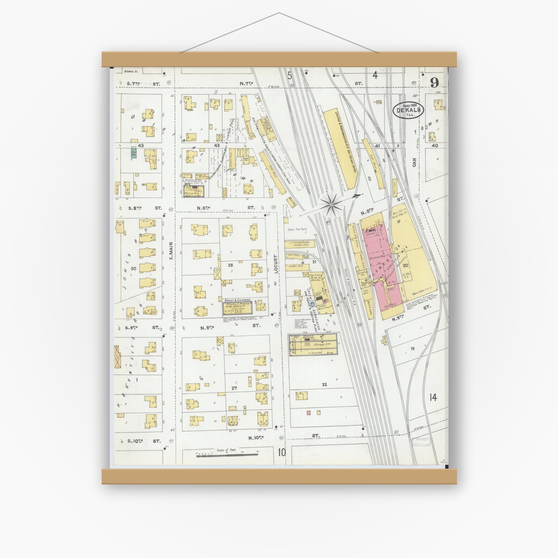 Old map wall art mockup — magnetic wood frame on white wall — Sanborn Fire Insurance Map from De Kalb, De Kalb County, Illinois (1905), Sheet #0009
