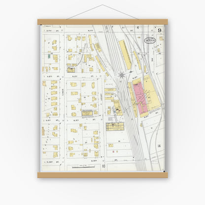 Old map wall art mockup — magnetic wood frame on white wall — Sanborn Fire Insurance Map from De Kalb, De Kalb County, Illinois (1905), Sheet #0009