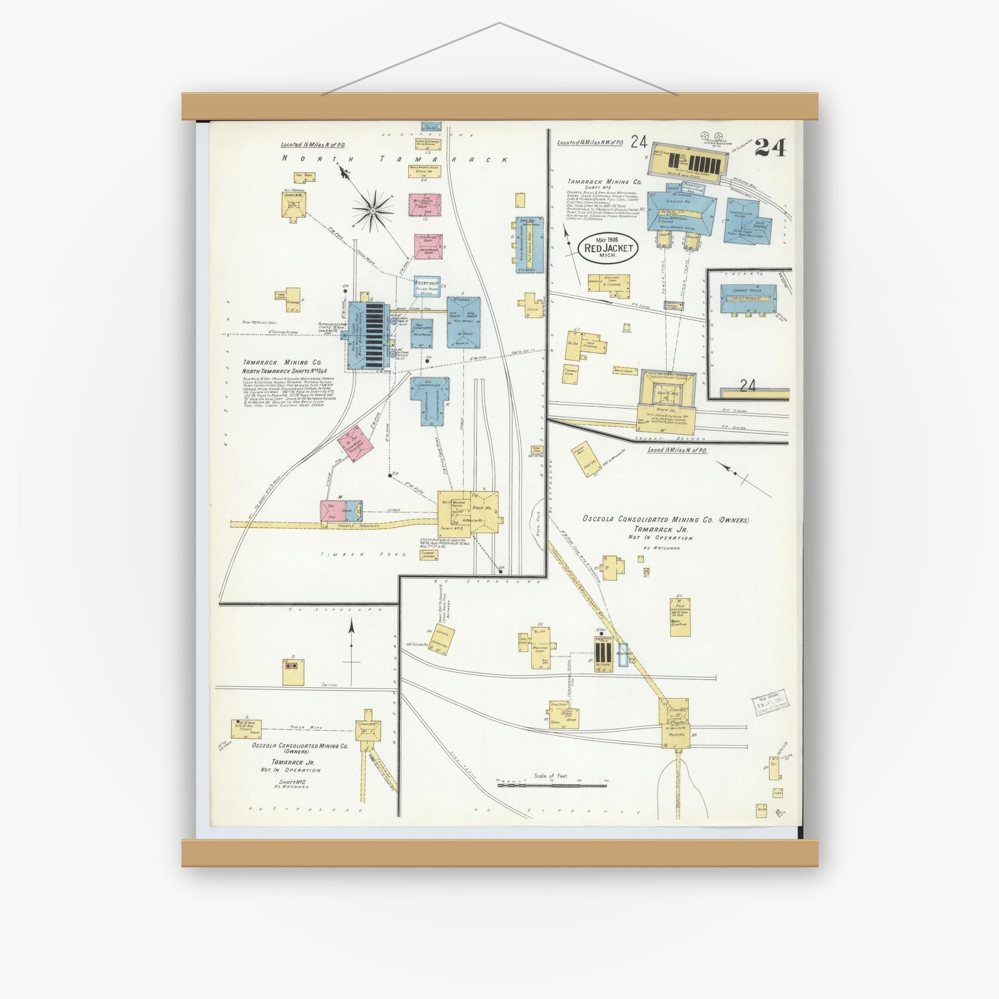 Old map wall art mockup — magnetic wood frame on white wall — Sanborn Fire Insurance Map from Red Jacket, Houghton County, Michigan (1908), Sheet #0024